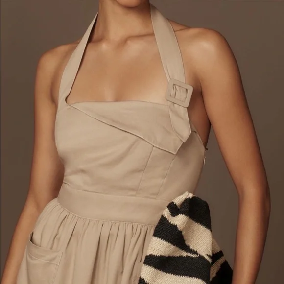 Anthropologie By Anthropologie Halter Utility Midi Dress Cream Tan Size M NEW - Picture 3 of 10